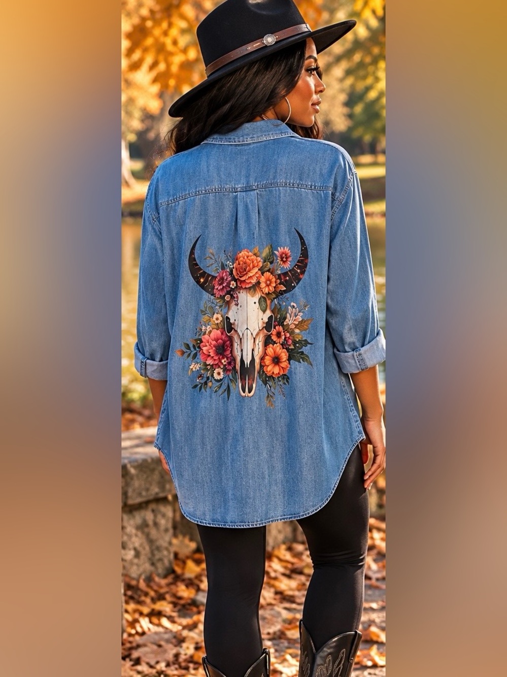 💓One of a kind 💖perfectly distressed denim with boho Floral Skull Desgn